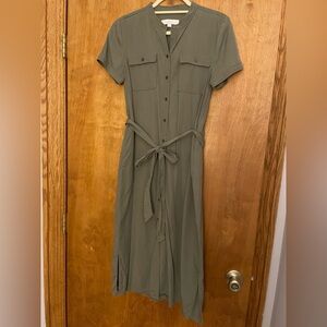 Midi olive green dress from Loft. Removable belt.